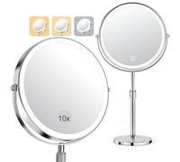 Specchio Ingranditore 10X/1X, Specchio Trucco ricaricabile 3 Luci di Colore, LED Dimmerabile e Regolabile in Altezza Rotazione a 360 Stile Retrò, Specchio Cosmetico Bifacciale e Supporto Cromato