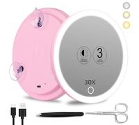 Specchio ingranditore 30x con luce, grande 15cm 3 colori che oscurano lo specchio illuminato 30x con ventose, specchio d'ingrandimento da viaggio x30 specchio per il trucco ad alto ingrandimento