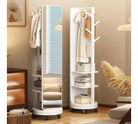 Specchio integrale girevole a 360°, con ruote girevoli, specchi da pavimento 2 in 1 e appendiabiti, specchio a figura intera in legno massiccio con appendiabiti, per camera da letto (bianco, 50 x 50 x