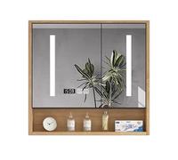 Specchio led da bagno con stoccaggio, specchio per armadietto medicinale in legno massello con luci a led, specchio da bagno con luci e stoccaggio, anti-nebbia intelligente, visualizzazione del tempo