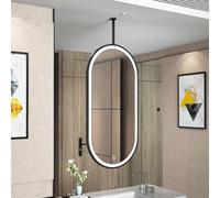 Specchio Ovale da soffitto con luci LED, Specchio da Bagno con Cornice in Metallo Dorato e Asta di aggancio, per lavabo, 3 Colori di luminosità Regolabile in Continuo