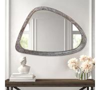 Specchio ovale irregolare da parete, grande, 65 x 45 cm, specchio asimmetrico, cornice in legno, forma unica, da parete, decorazione artistica per soggiorno, camera da letto, bagno, ingresso e