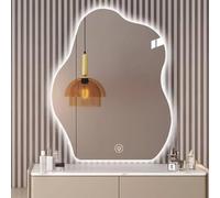 Specchio Ovale Irregolare Illuminato A LED, Specchio Da Bagno Moderno Asimmetrico,Disappannamento LED Dimmerabile A 3 Colori, Specchio Da Parete Retroilluminato Per Vanità,Funz(Size:70×90cm/28×36inch)