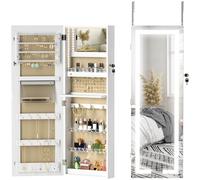 Specchio per gioielli da parete con luci a LED e armadietto per gioielli con serratura per appendere al muro o sulla porta bianco