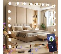 Specchio per il trucco Bluetooth con illuminazione, 20 luci LED dimmer, Grande specchio Hollywood 80 x 60 cm, altoparlante musicale, specchio cosmetico con 3 colori di luce, USB, Specchio da parete