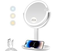 Specchio per il trucco con luci, specchio ingranditore 20X con interruttore luce e tocco, specchio cosmetico con luce a 3 colori e 80 LED, specchio ingrandito illuminato su 2 lati da 20,8 cm