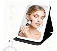 Specchio per trucco pieghevole ricaricabile USB, specchio da viaggio HD con luce LED, luminosità regolabile touch screen, grande specchio pieghevole in pelle PU, specchio da scrivania per viaggi,