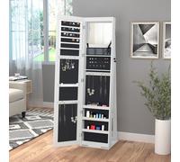 Specchio Portagioie a Illuminazione LED con 4 Scaffali e Spazi Portaoggetti, Armadietto Portagioie per Gioielli in MDF e Vetro, Porta Richiudibile a Chiavi, 38x38x157 cm, Bianco Trova lo spazio adatto