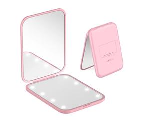 Specchio Portatile con Luce LED per Viaggio, Specchietto da Borsetta con Ingrandimento 1x/3x, Pieghevole Piccolo Specchio per Trucco per Portafoglio, Viaggio e Uso Quotidiano Ideale per a Regalo, Rosa
