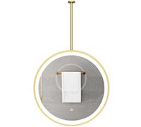 Specchio Rotondo a LED con Cornice e Braccio in Metallo, Grande Specchio da Appendere al soffitto, Specchio da Bagno sopra Il lavabo, 3 modalità di Colore e luminosità Regolabile (Oro, diame