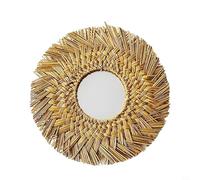 Specchio rotondo da appendere con anello esterno in corda di paglia testurizzata e dettaglio di perline di legno, per decorazioni interne rustiche minimaliste (oro)