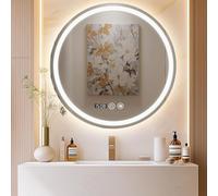Specchio rotondo da bagno, da parete, stile fattoria con riflessi chiari, luce tricolore regolabile, visualizzazione dell'ora e della temperatura, per bagni moderni