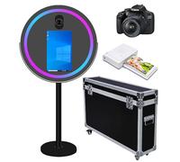 Specchio rotondo per cabina fotografica, selfie con cornice LED, portatile, touch screen da 21,5 pollici, macchina per cabina fotografica e mini stampante, per feste di nozze, colore: nero