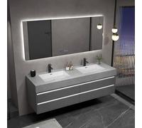 Specchio Smart A Led Per Bagno Con Mobile, Mobile Vanità A Doppio Lavabo Da Parete Con Spazio Di Archiviazione Sospeso, Arredo Bagno Moderno A Doppio Lavabo Per Uso In Hotel E Casa