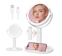 Specchio Trucco con Luci 10X/1X Bifacciale,Specchio Ingranditore 8", Specchio da Tavolo Ricaricabile 1500mAh, 3 Colori di Luci 64 LED Rotazione a 360° Smontabile per Camera da Letto, Viaggio