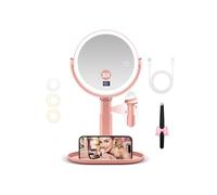 Specchio Trucco con Luci, 20X/1X Specchio Ingranditore con Luce, Doppio Lato, specchio per il trucco illuminato Pinzetta, 3 Modalità di Colore con Luminosità e Altezza Regolabili (Oro Rosa)