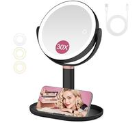 Specchio Trucco con Luci, 30X/1X Specchio Ingranditore con Luce, Doppio Lato, specchio per il trucco illuminato Pinzetta, 3 Modalità di Colore con Luminosità e Altezza Regolabili (NERO)