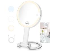 Specchio Trucco con luci,Specchio da Viaggio con Luci,specchio di vanità per il trucco con ingrandimento 10x/1x su due lati, illuminazione 3 colori con luminosità ,portatile/appendibile/da tavolo