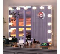 Specchio Trucco con Luci, Specchio Hollywood da Tavolo con 14 Lampadine LED, 3 colori di illuminazione, Specchio da trucco con USB e ingranditore 10x, Installazione su tavolo e a parete - 50*40cm