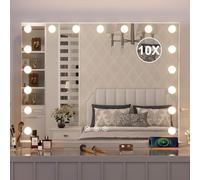Specchio Trucco con Luci, Specchio Hollywood da Tavolo con 17 Lampadine LED, 3 colori di illuminazione, Specchio da trucco con USB e ingranditore 10x, Installazione su tavolo e a parete - 60*52.5cm