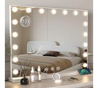 Specchio Trucco con Luci, Specchio Hollywood da Tavolo con 17 Lampadine LED, 3 colori di illuminazione, Specchio da trucco con USB e ingranditore 10x, Installazione su tavolo e a parete - 70*55cm
