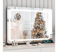 Specchio Trucco con Luci, Specchio Hollywood da Tavolo con LED, 3 colori di illuminazione, specchio da trucco con USB e ingranditore 10x, Installazione su tavolo e a parete, Nero - 80*55cm