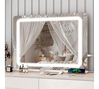 Specchio Trucco con Luci, Specchio Hollywood da Tavolo con LED, 3 colori di illuminazione, specchio da trucco con USB e ingranditore 10x, Installazione su tavolo e a parete, Bianco - 80*55cm