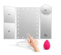 Specchio Trucco LED con Luci Regolabili e Touch, Specchio Make Up Pieghevole 3 Ante con Ingrandimento 1X 2X 3X 10X, Rotazione 180°, Base Portaoggetti, Spugnetta Trucco Inclusa, Bianco