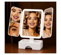 Specchio Trucco LED Specchio Pieghevole 1X/2X/3X Trifold Ricaricabile | Specchio Da Tavolo 3 Luci Con Dimmer Touch Specchio Portatile Da Viaggio Memoria Smart 4800mah(Bianco)
