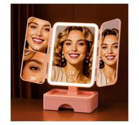 Specchio Trucco LED Specchio Pieghevole 1X/2X/3X Trifold Ricaricabile | Specchio Da Tavolo 3 Luci Con Dimmer Touch Specchio Portatile Da Viaggio Memoria Smart 4800mah(Rose)