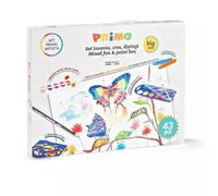 PRIMO - Valigetta Colori per Bambini +3 Anni Set Inventa Crea Dipingi con 12 Acquerelli per Bambini Ø30mm, 8 Pastelli a Cera Colorati, Tempere Lavabili, 1 Pennello, 1 Matita HB e 6 Stencil Cartoleria