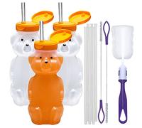 Special Supplies Honey Bear - Bicchiere con cannuccia lunga, comprimibile per terapie e bisogni speciali, coperchio a prova di fuoriuscite e a prova di perdite, confezione da 3 bottiglie e 6 cannucce