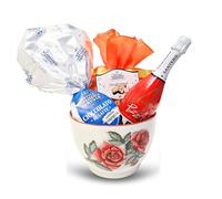 Speciale Italia - Centrotavola Rose Pasquale, Confezione Regalo con Colomba, Uovo di Pasqua e Spumante, Cesto Dolce in Ceramica Italiana Lavorata a Mano