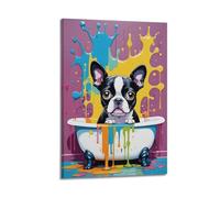 SPECLLY Poster colorato con cane Boston Terrier nella vasca da bagno, stampa artistica da parete estetica vintage su tela, per soggiorno, 30 x 45 cm, con cornice