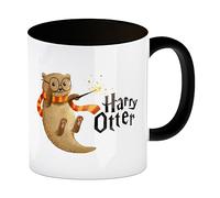 speecheese Tazza da caffè nera Harry Otter con bacchetta magica e lontra di | Una tazza colorata per gli appassionati di magia, tazza da caffè, tazza da caffè carina per bambini, magica, fantasy