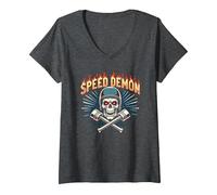 Speed Demon Hot Rod Skull per Gli Appassionati di Corse da Uomo Maglietta con Collo a V, Donna, Grigio Scuro, S
