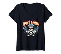 Speed Demon Hot Rod Skull per Gli Appassionati di Corse da Uomo Maglietta con Collo a V, Donna, Nero, S