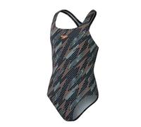 Speedo Costume Intero Medalist Hyperboom Allover, Resistenza al Cloro, Asciugatura Rapida Costume da Bagno per Bambina, Nero/Verde Prato/Pesca Nettarina, 5-6 Anni