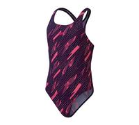 Speedo Costume Intero Medalist Hyperboom Allover, Resistenza al Cloro, Asciugatura Rapida Costume da Bagno per Bambina, Blu Navy/Rosa Elettrico/Rosa Fandango, 5-6 Anni