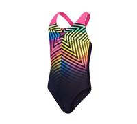 Speedo Junior Girl's Digital Placement Splashback Swimsuit | Chlorine Resistant | Printed Design | Swimming Lessons, Black/Lemon Drizzle/Flare Pink/True Cobalt/Harlequin Green, 9-10 Years