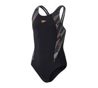 Speedo Junior Girl's HyperBoom Splice Muscleback Swimsuit | Swim Training | Chlorine Resistant, Black/Country Green/Nectarine, 7-8 Years