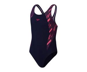 Speedo Junior Girl's HyperBoom Splice Muscleback Swimsuit | Swim Training | Chlorine Resistant, True Navy/Electric Pink/Fandango Pink, 5-6 Years