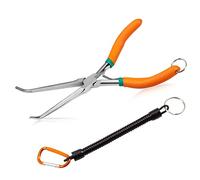 SPEEDWOX Pinze a becco lungo 17,8 cm con denti, mini pinze di precisione a becco extra lungo con cordino anti-perdita per spazi ristretti, pinze per rimozione aghi (punte curve, manico curvo)