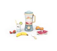 Speedy Monkey Frullatore giocattolo in legno, include coperchio in legno, coltello, tazza, cannuccia e pezzi di frutta, accessori da cucina per bambini, cucina giocattolo per bambini