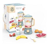 Speedy Monkey Frullatore giocattolo in legno, include coperchio in legno, coltello, tazza, cannuccia e pezzi di frutta, accessori da cucina per bambini, cucina giocattolo per bambini