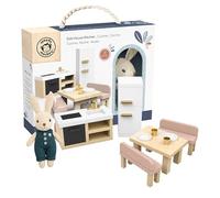 Speedy Monkey Set da cucina per casa delle bambole, tavolo da pranzo, 4 | tavolo da pranzo, sedie e frigorifero, morbido coniglietto di lino, mobili in legno FSC, accessori per la casa delle bambole