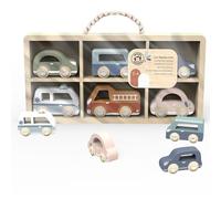 Speedy Monkey Set di 6 auto con cassetta da 29,6 x 3,5 x 16 cm, giocattolo in legno per bambini, dettagli curati, ottima idea regalo