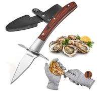 SPEENSUN Coltello per sgusciare ostriche, coltello da ostrica, robusto kit per sgusciare le ostriche con comodo manico in legno, set di coltello da ostrica e guanti con protezione a 5 leve guanto
