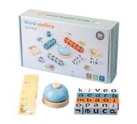 Spelling Game - | Wooden Spelling Words Game Blocks with Flash Cards for Sight Recognition, Preschool Learning Toy with Bell for Kids Ages 3 Natural Wood