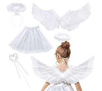 SPERMUOY Ali d Angelo Costume,Ali d'Angelo per Bambini, Ali d Angelo Decorative per Halloween Ali di Piuma con Aureola e Bacchetta,Ali d Angelo per Feste di Halloween Cosplay e Carnevale.(Bianco)